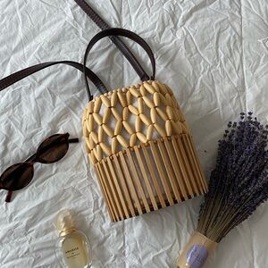 Natural Wood Beaded Bucket Bag